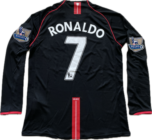 Manchester United 2007/2008 Cristiano Ronaldo Black Long Sleeve Soccer Jersey MENS Away Champions League