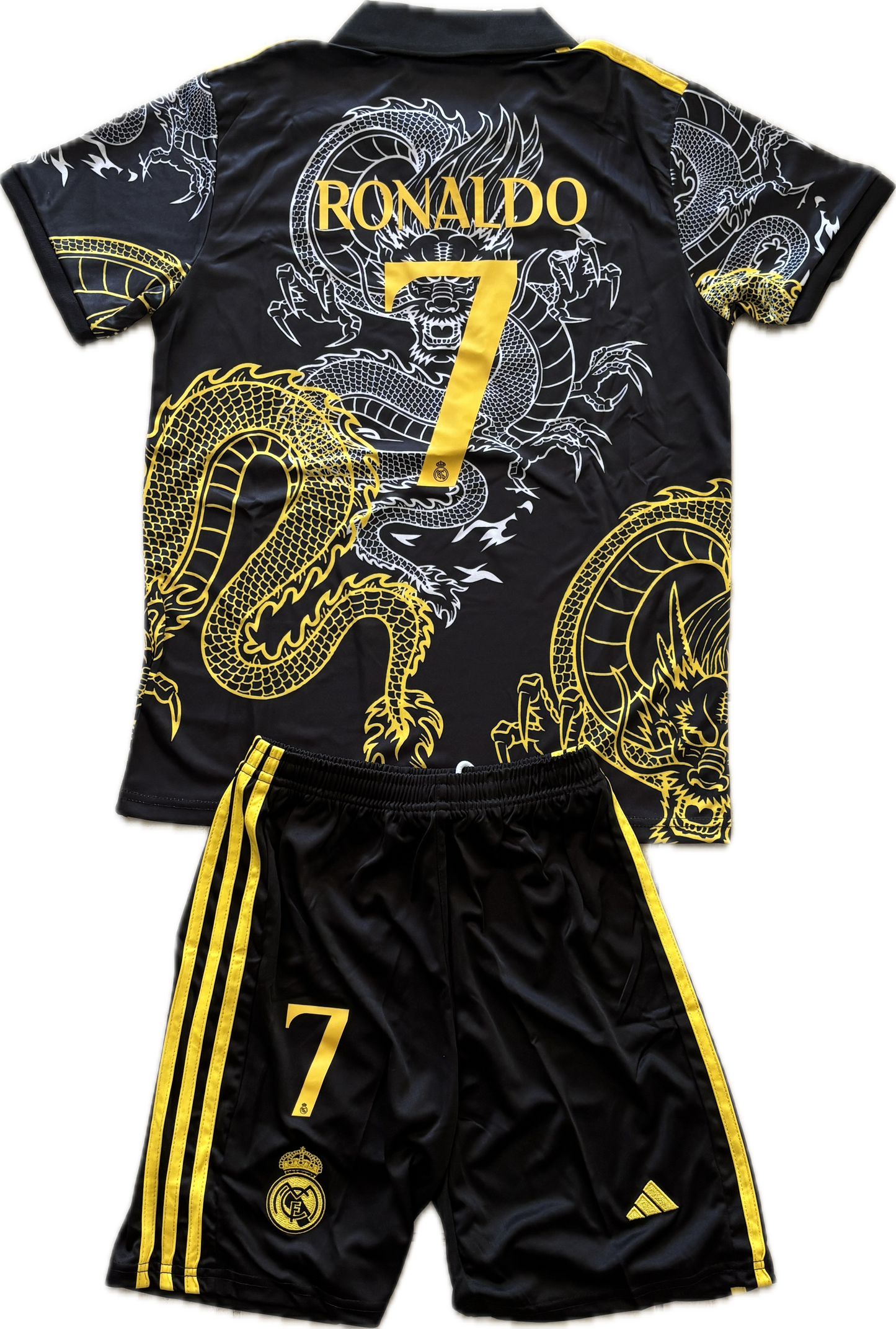 Ronaldo #7 Real Madrid "Dragon" Kids Youth Kit (Jersey + Shorts) - Adidas Champions Gold Black CR