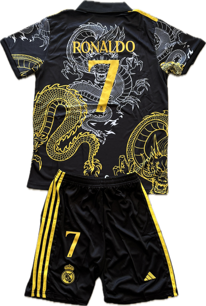 Ronaldo #7 Real Madrid "Dragon" Kids Youth Kit (Jersey + Shorts) - Adidas Champions Gold Black CR