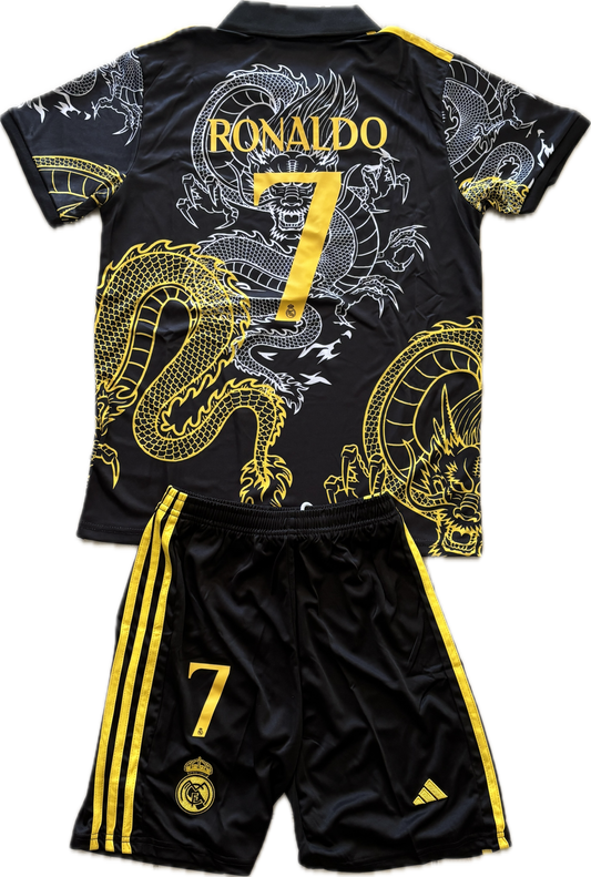 Ronaldo #7 Real Madrid "Dragon" Kids Youth Kit (Jersey + Shorts) - Adidas Champions Gold Black CR