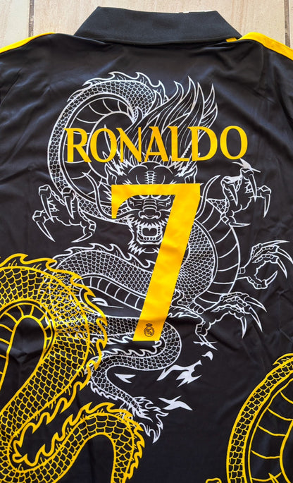 Ronaldo #7 Real Madrid "Dragon" Kids Youth Kit (Jersey + Shorts) - Adidas Champions Gold Black CR
