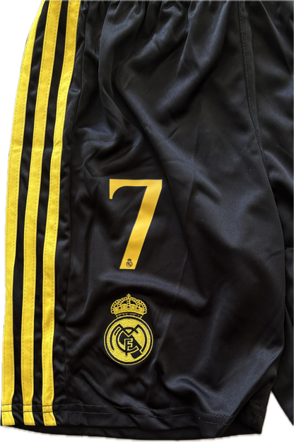 Ronaldo #7 Real Madrid "Dragon" Kids Youth Kit (Jersey + Shorts) - Adidas Champions Gold Black CR