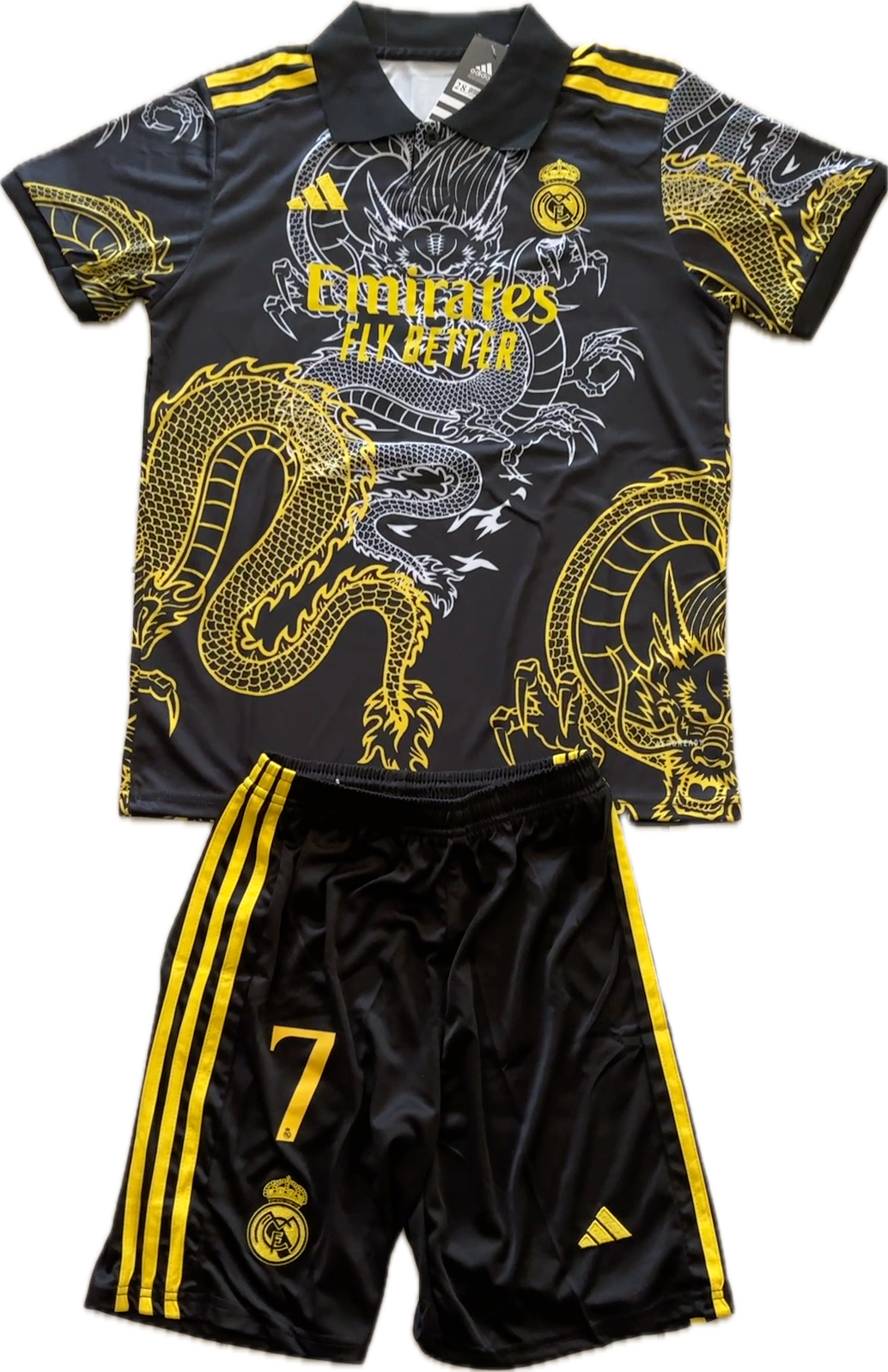 Ronaldo #7 Real Madrid "Dragon" Kids Youth Kit (Jersey + Shorts) - Adidas Champions Gold Black CR