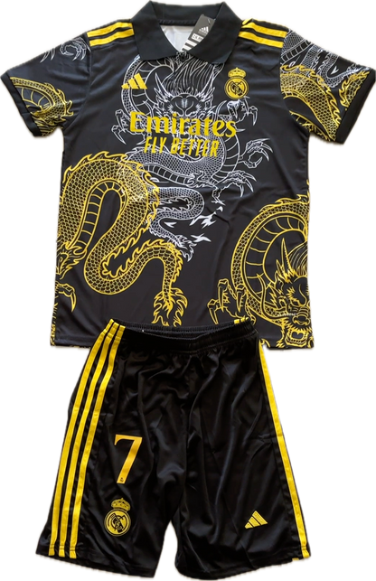 Ronaldo #7 Real Madrid "Dragon" Kids Youth Kit (Jersey + Shorts) - Adidas Champions Gold Black CR
