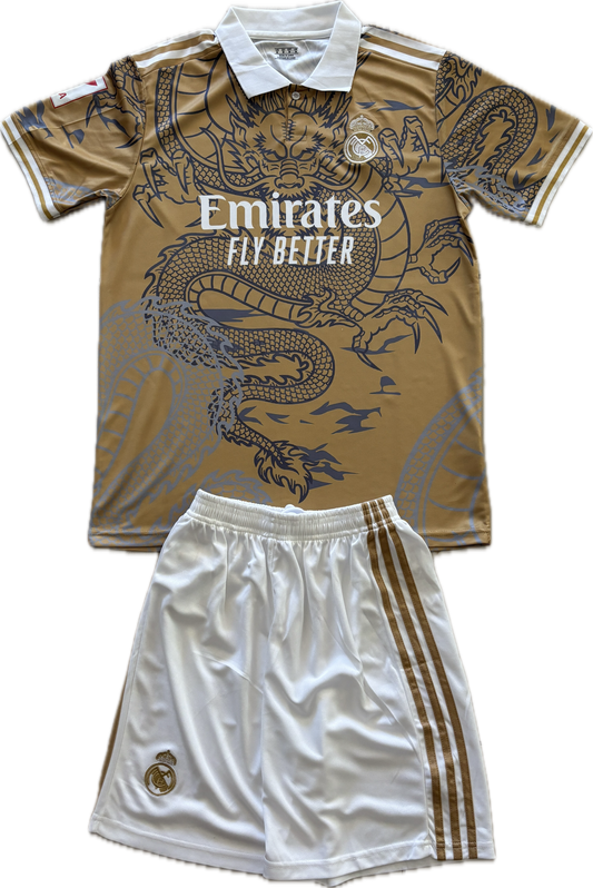Real Madrid "Dragon" Men's Soccer Kit (Jersey + Shorts Set) - Gold