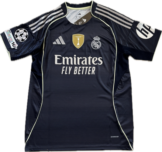 Real Madrid 2025-26 Adidas Mbappe Bellingham Away Jersey with Intercontinental & Champions League Patches