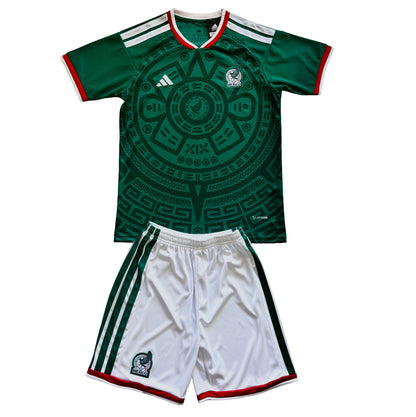 Mexico 2026 Aztec Sun Stone Green Youth Kids Jersey & Shorts Kit World Cup Special Edition