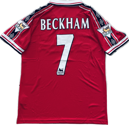 Vintage David Beckham #7 Manchester United 98/99  Umbro Red Short Sleeve Retro Jersey English Premier League Patches Retro MENS