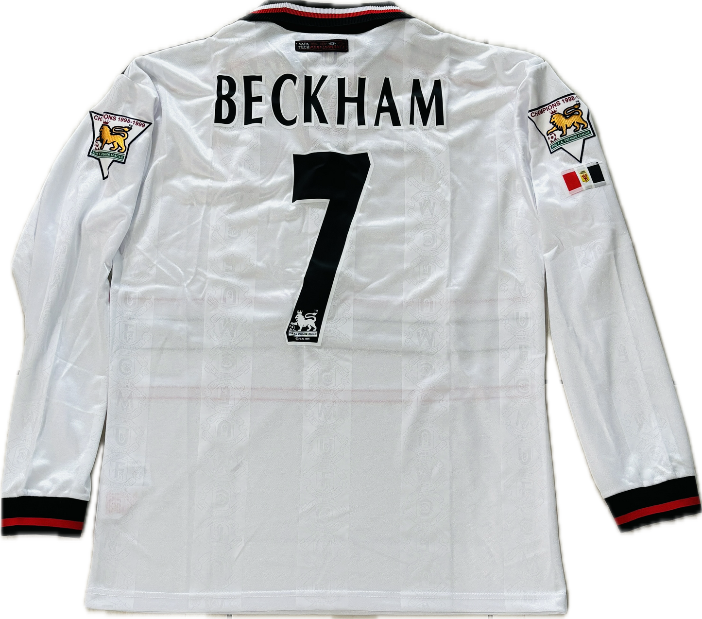 Vintage David Beckham #7 Manchester United Umbro 1998 1999 White Long Sleeve Retro Jersey English Premier League Patch