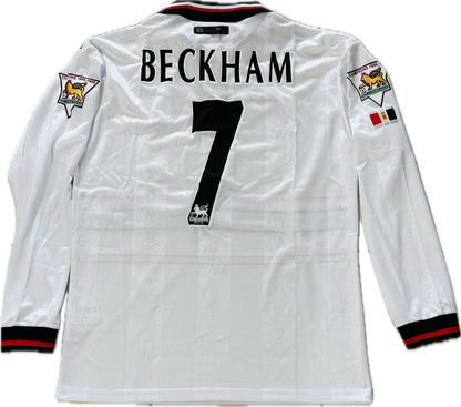 Vintage David Beckham #7 Manchester United Umbro 1998 1999 White Long Sleeve Retro Jersey English Premier League Patch