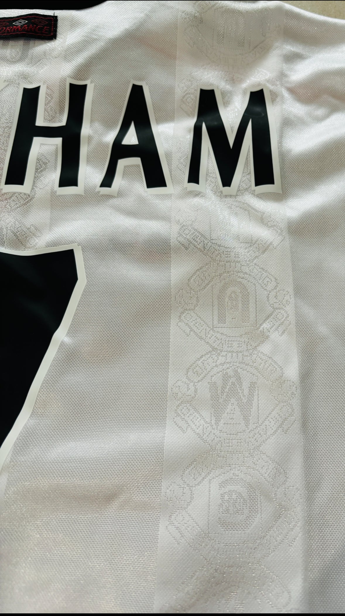 Vintage David Beckham #7 Manchester United Umbro 1998 1999 White Long Sleeve Retro Jersey English Premier League Patch