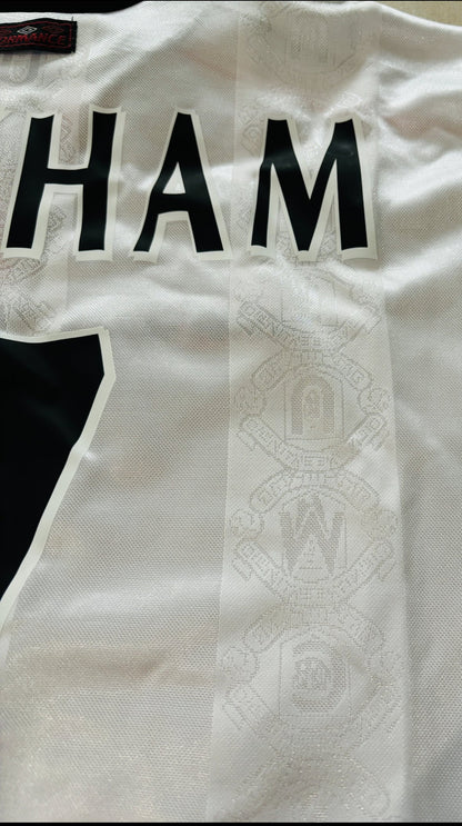 Vintage David Beckham #7 Manchester United Umbro 1998 1999 White Long Sleeve Retro Jersey English Premier League Patch