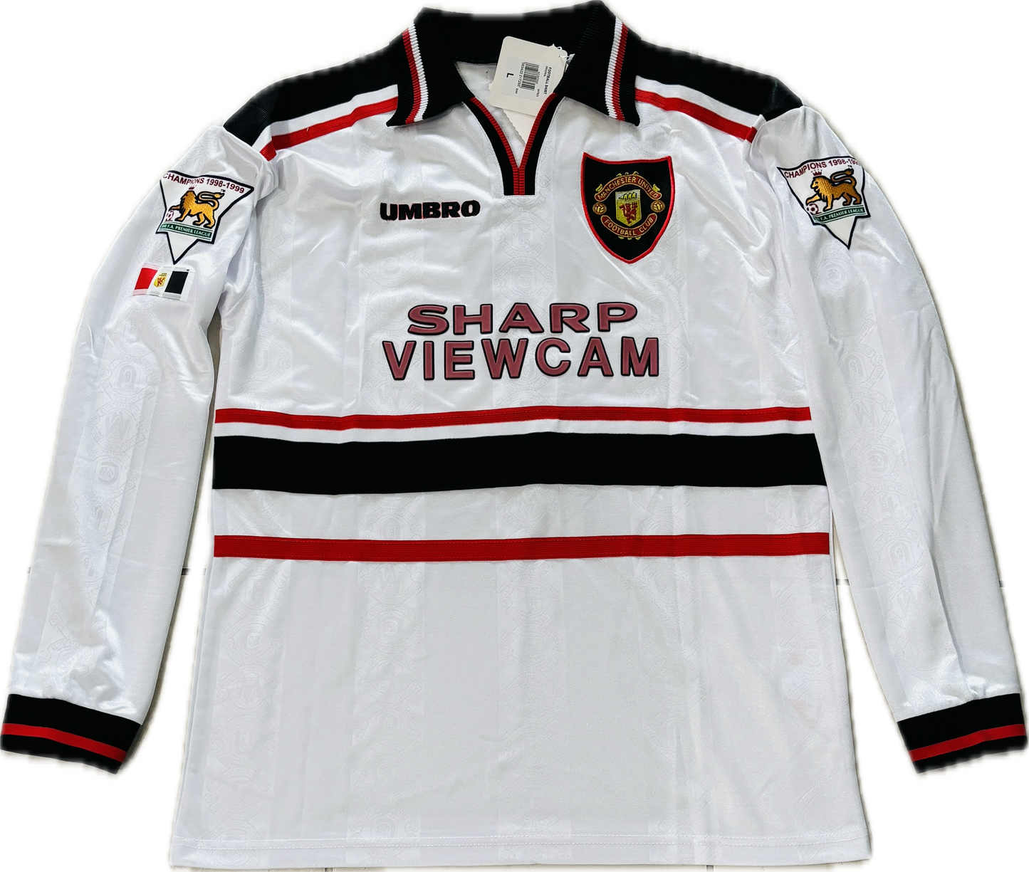 Vintage David Beckham #7 Manchester United Umbro 1998 1999 White Long Sleeve Retro Jersey English Premier League Patch