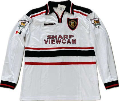 Vintage David Beckham #7 Manchester United Umbro 1998 1999 White Long Sleeve Retro Jersey English Premier League Patch