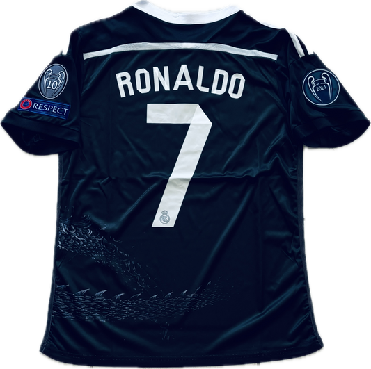 Cristiano Ronaldo 7 Real Madrid Adidas Retro 2014-15 Yamamoto Dragon Black Third Soccer Jersey Champions League Edition Mens