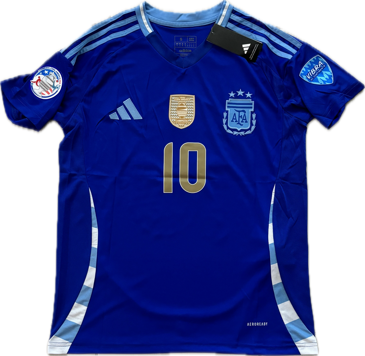 Argentina Messi 10 Adidas FIFA World Cup Star Jersey Copa America Blue Gold Chest and sleeve patches