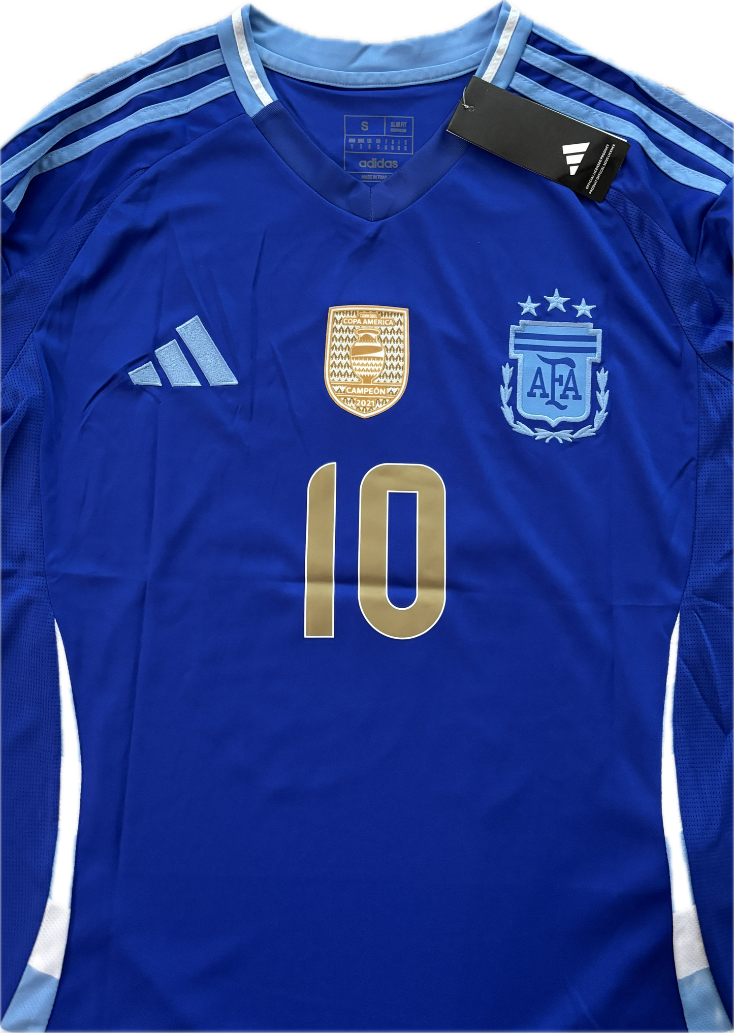 Argentina Messi 10 Adidas FIFA World Cup Star Jersey Copa America Blue Gold Chest and sleeve patches
