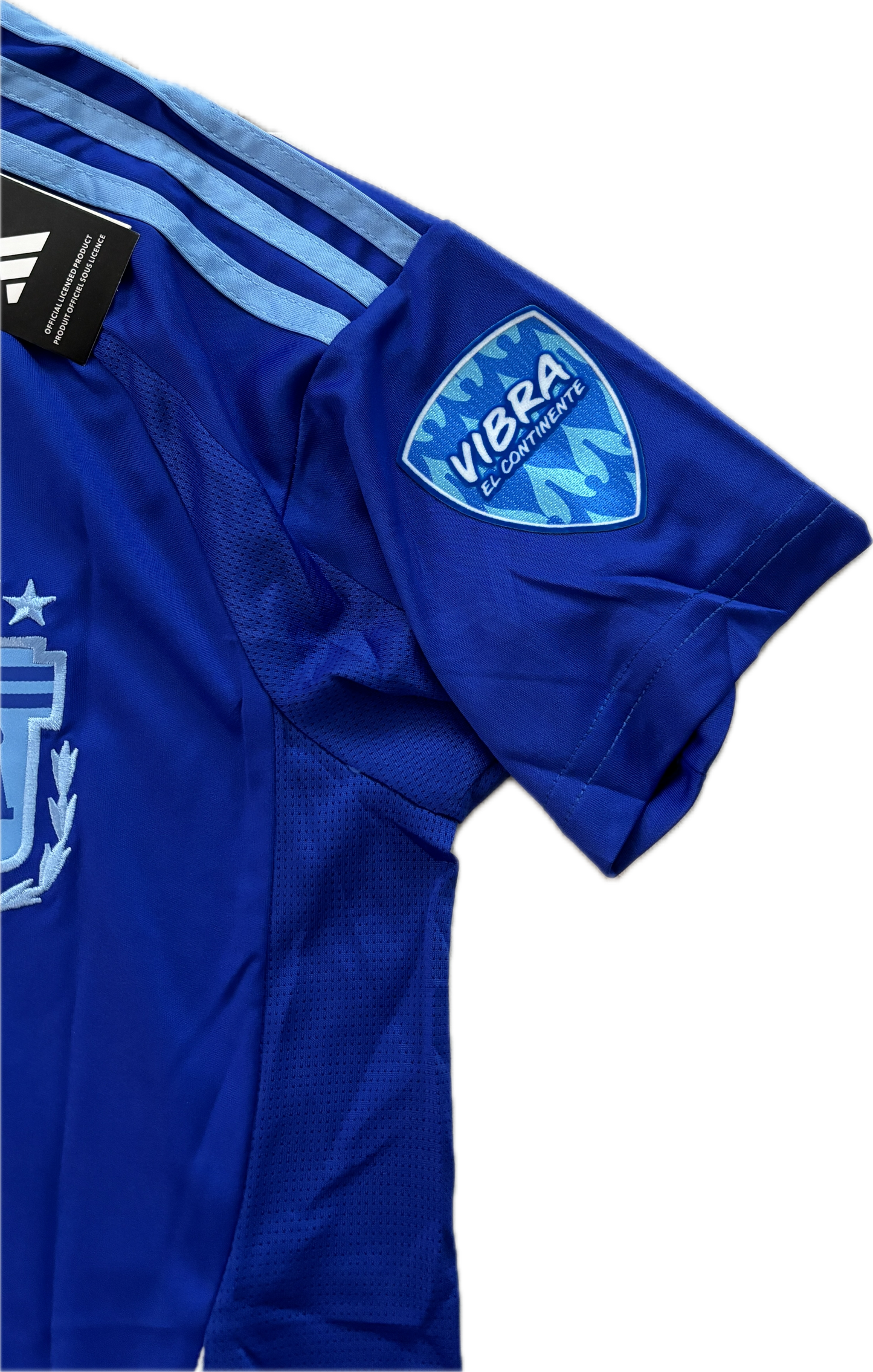 Argentina Messi 10 Adidas FIFA World Cup Star Jersey Copa America Blue Gold Chest and sleeve patches