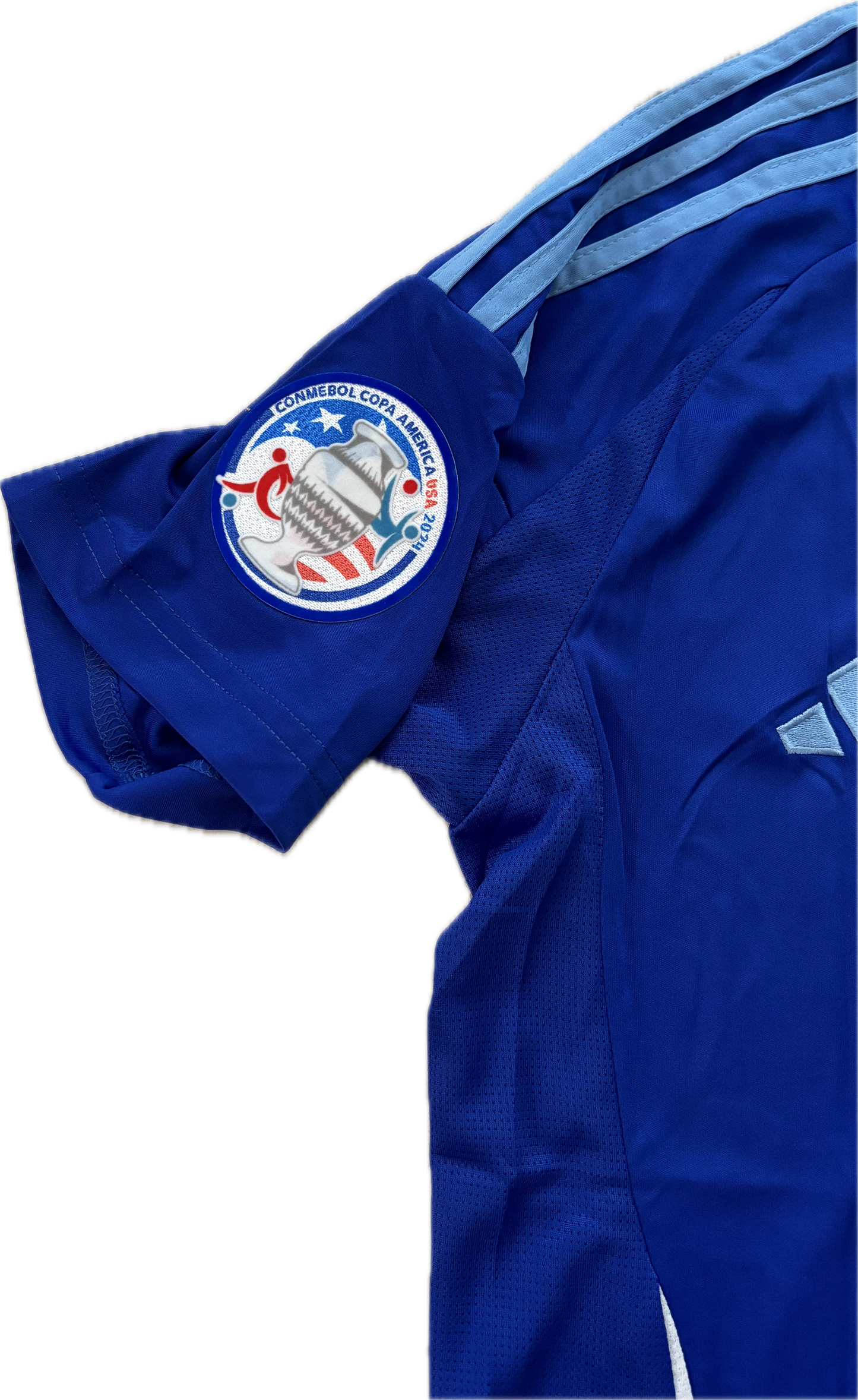 Argentina Messi 10 Adidas FIFA World Cup Star Jersey Copa America Blue Gold Chest and sleeve patches