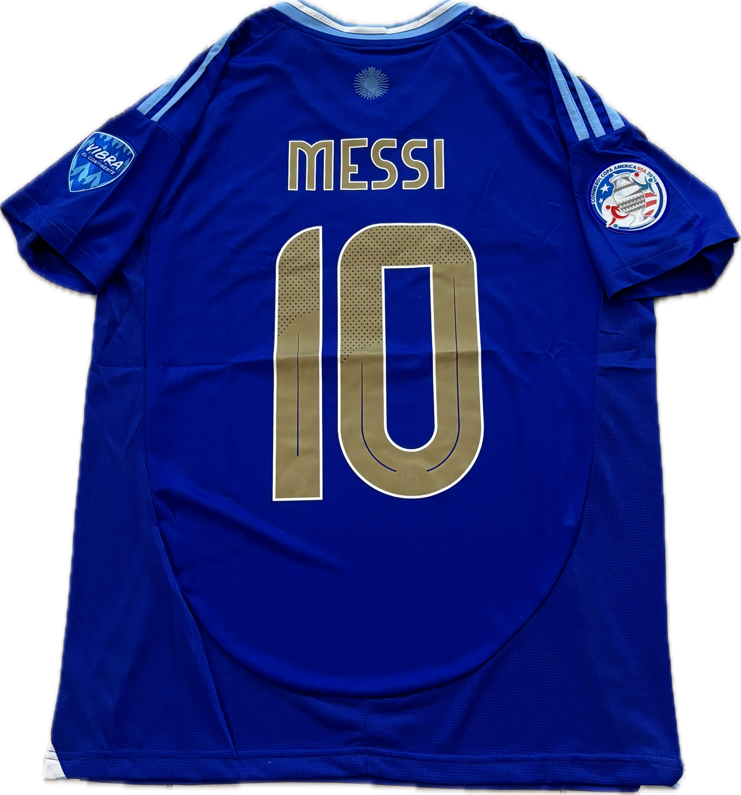 Argentina Messi 10 Adidas FIFA World Cup Star Jersey Copa America Blue Gold Chest and sleeve patches