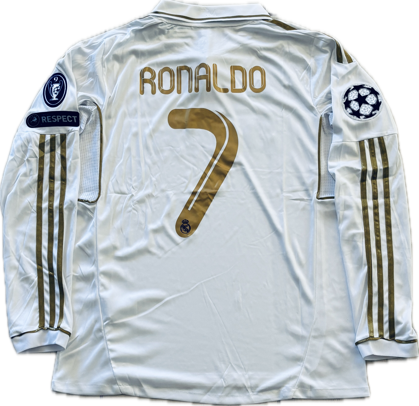 Cristiano Ronaldo #7 2011-12 Real Madrid GOLD MENS Long Sleeve White UCL champions league jersey