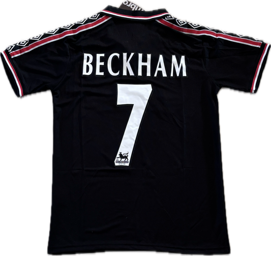 Vintage David Beckham #7 Manchester United 98/99  Umbro Black Short Sleeve Retro Jersey English Premier League Patches