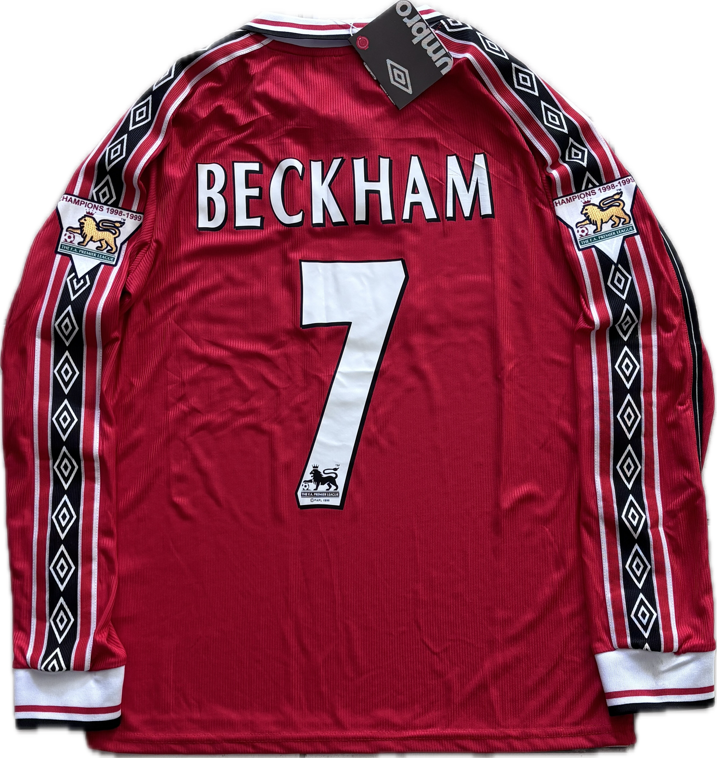 Vintage David Beckham #7 Manchester United 98/99  Umbro Red Long Sleeve Retro Jersey English Premier League Patches Retro MENS