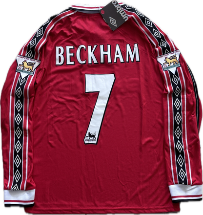 Vintage David Beckham #7 Manchester United 98/99  Umbro Red Long Sleeve Retro Jersey English Premier League Patches Retro MENS