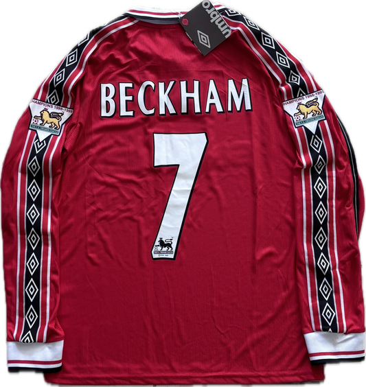 Vintage David Beckham #7 Manchester United 98/99  Umbro Red Long Sleeve Retro Jersey English Premier League Patches Retro MENS