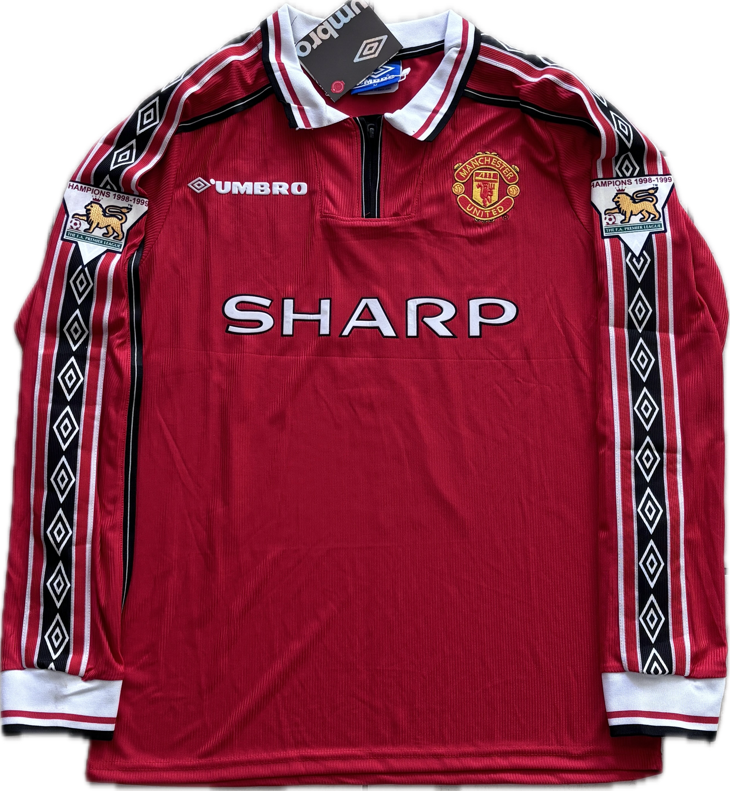 Vintage David Beckham #7 Manchester United 98/99  Umbro Red Long Sleeve Retro Jersey English Premier League Patches Retro MENS