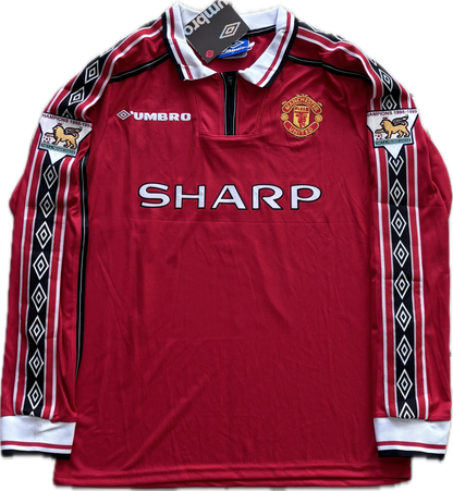 Vintage David Beckham #7 Manchester United 98/99  Umbro Red Long Sleeve Retro Jersey English Premier League Patches Retro MENS